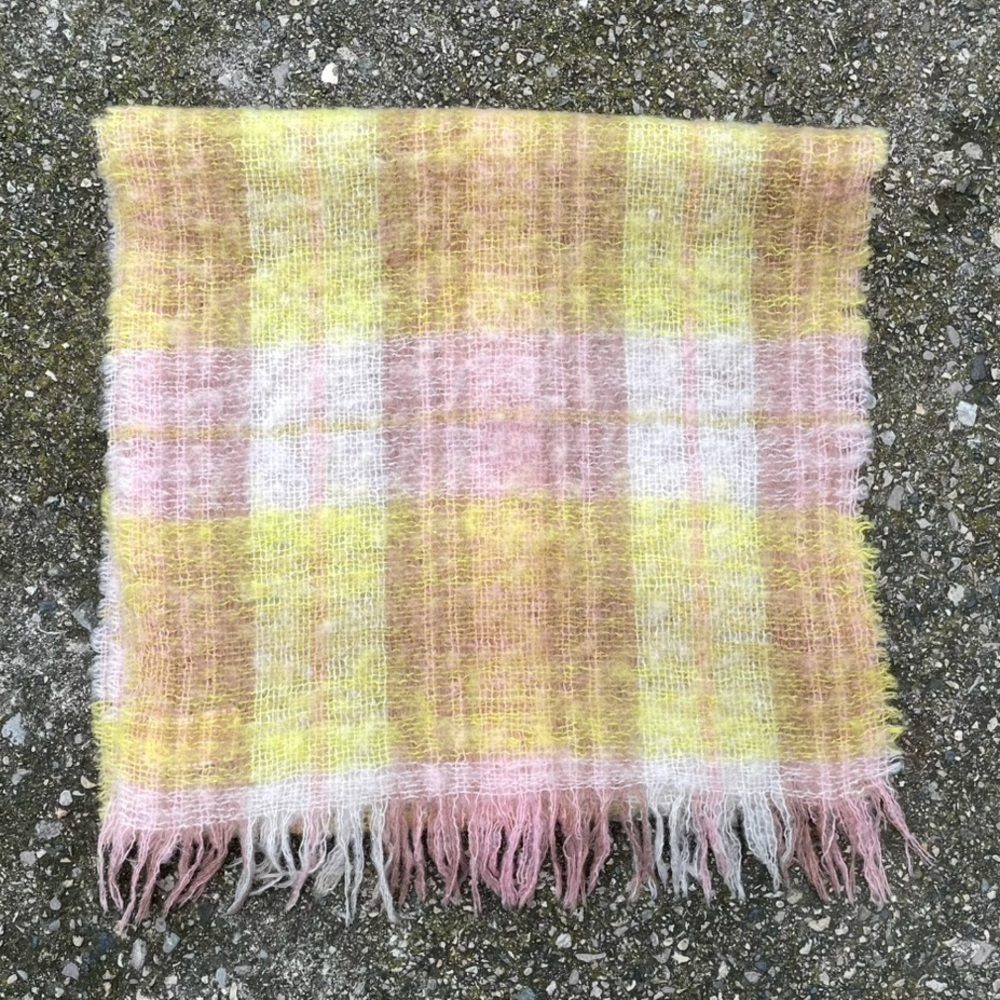 Vintage Mohair Wool Plaid Scarf Pink Yellow